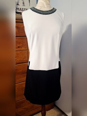 Joseph Ribkoff White Dress with Gunmetal and Crystal Beaded Collar